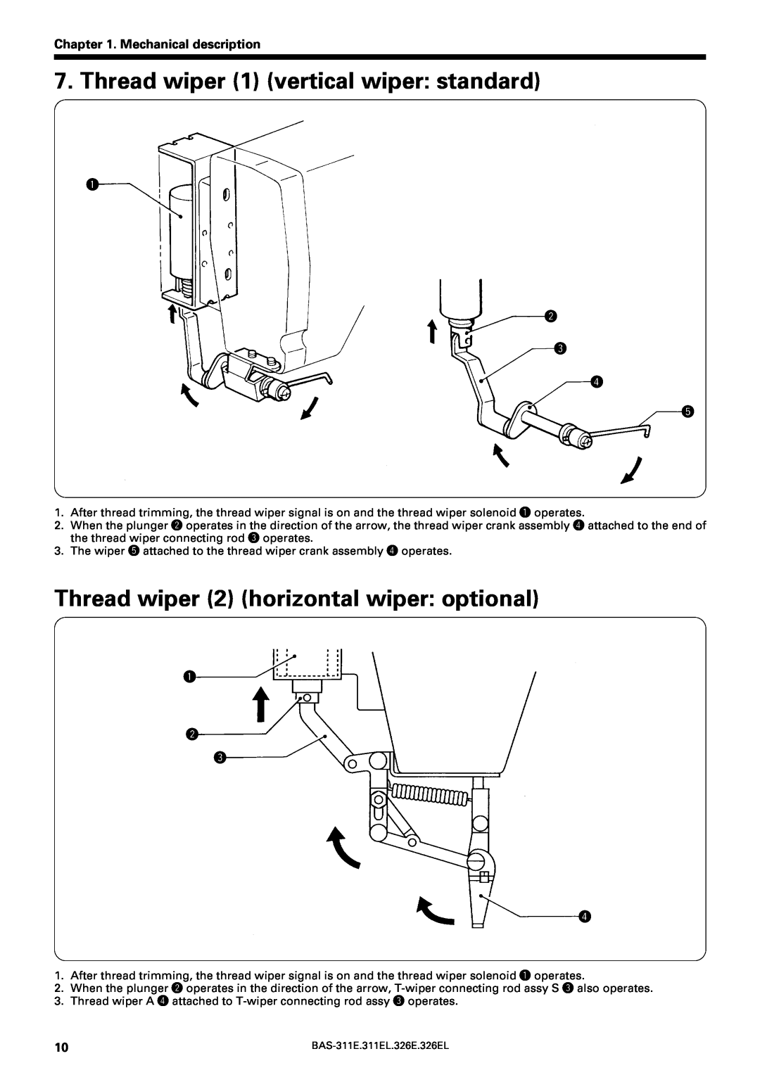 Brother BAS-311E Thread wiper 1 vertical wiper standard, Thread wiper 2 horizontal wiper optional, Mechanical description 