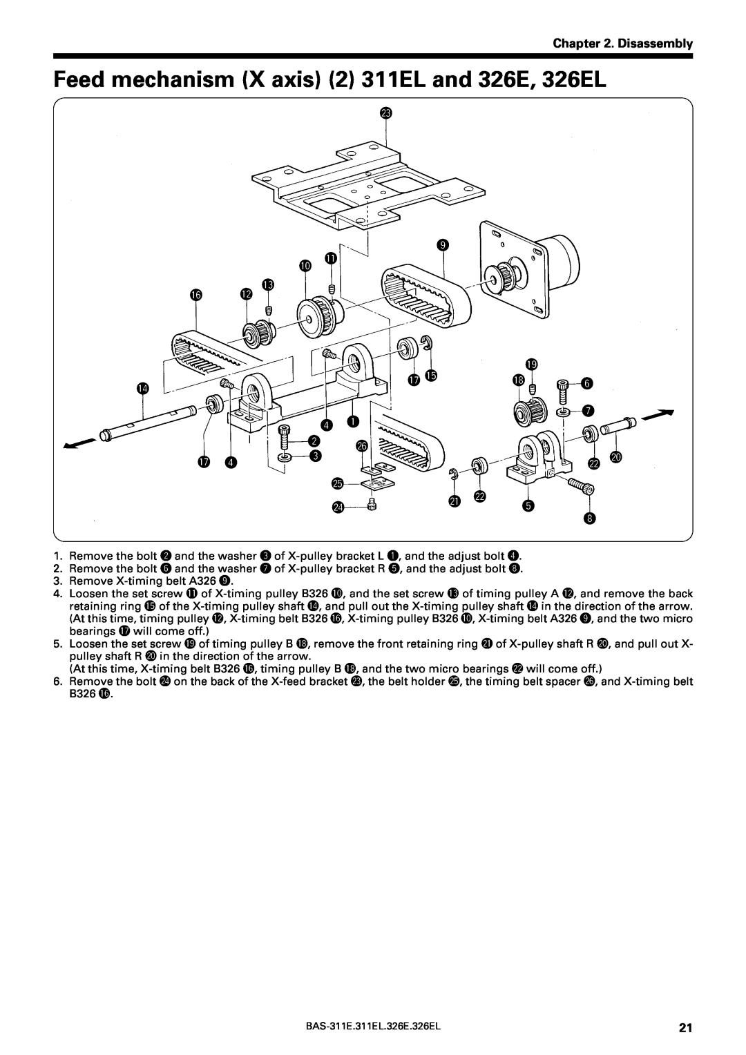 Brother BAS-311E service manual Feed mechanism X axis 2 311EL and 326E, 326EL, Disassembly, @3 o 0!1 6 !2!3, u r q, @2 @0 