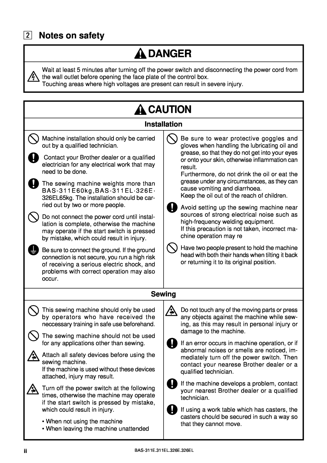 Brother BAS-311E service manual x Notes on safety, Installation, Sewing, Danger 