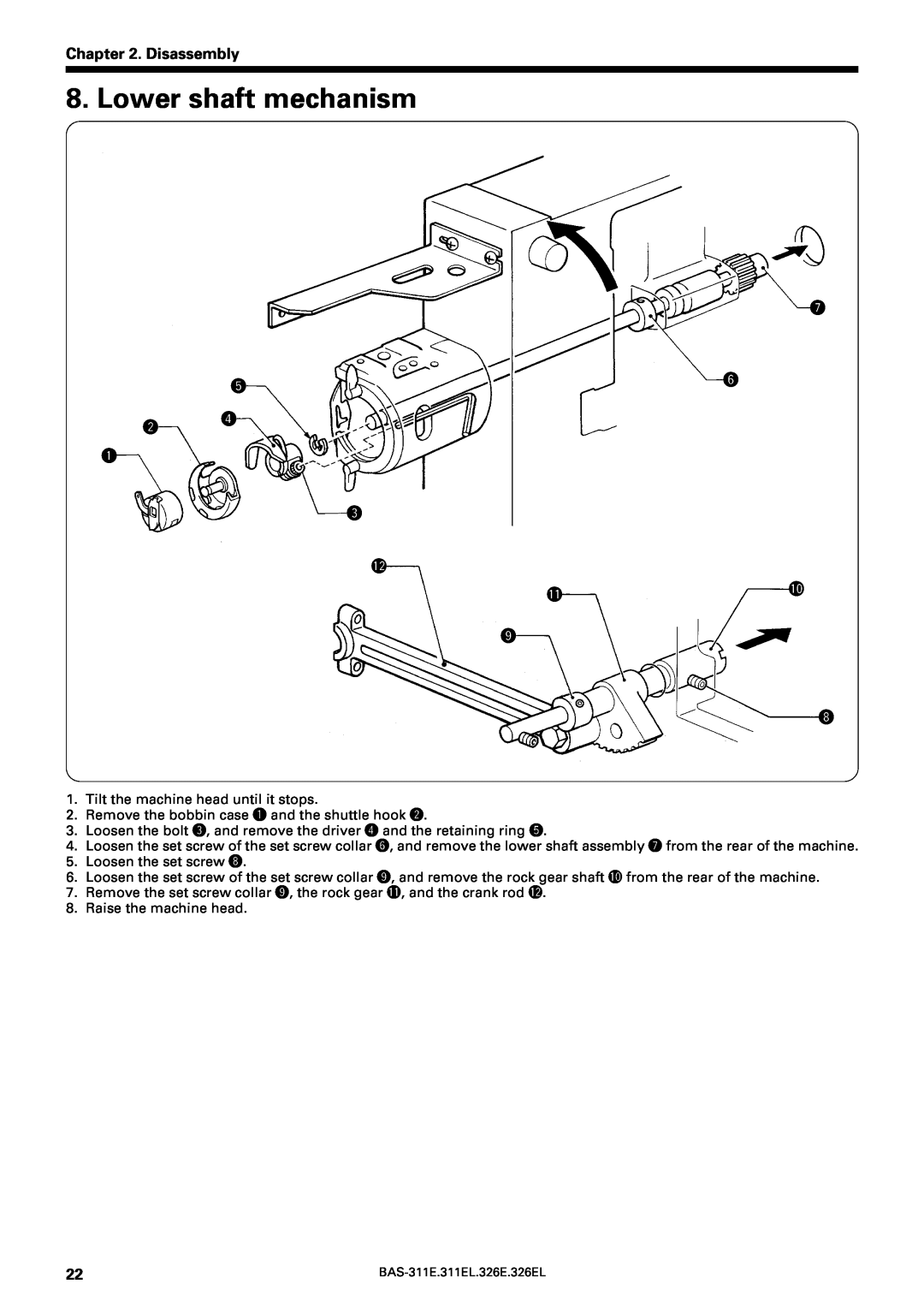 Brother BAS-311E service manual Lower shaft mechanism, Disassembly, w r q e, 1!0 o i 
