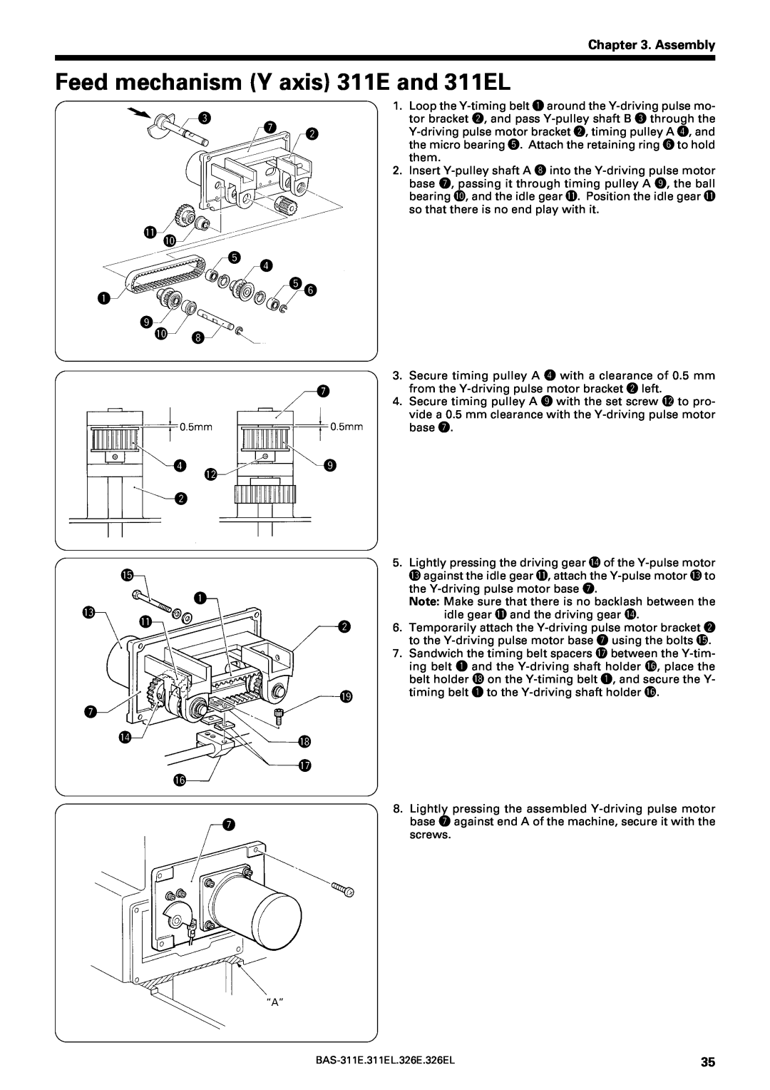 Brother BAS-311E service manual Feed mechanism Y axis 311E and 311EL, Assembly, e 1!0, t r qty o, r !2, q 1w 