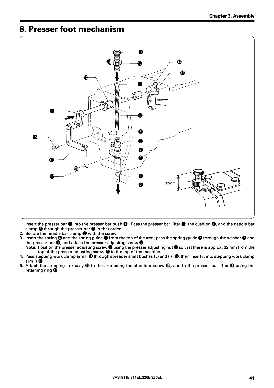 Brother BAS-311E service manual Presser foot mechanism, Assembly, o 0 !4 