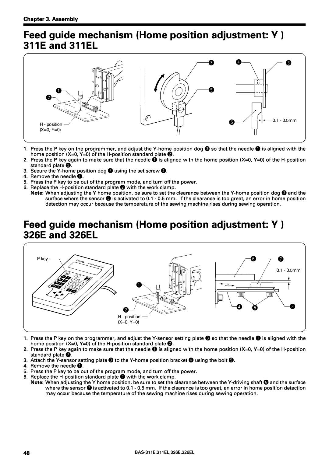 Brother BAS-311E Feed guide mechanism Home position adjustment Y 311E and 311EL, Assembly, qt w, P key, H - position 