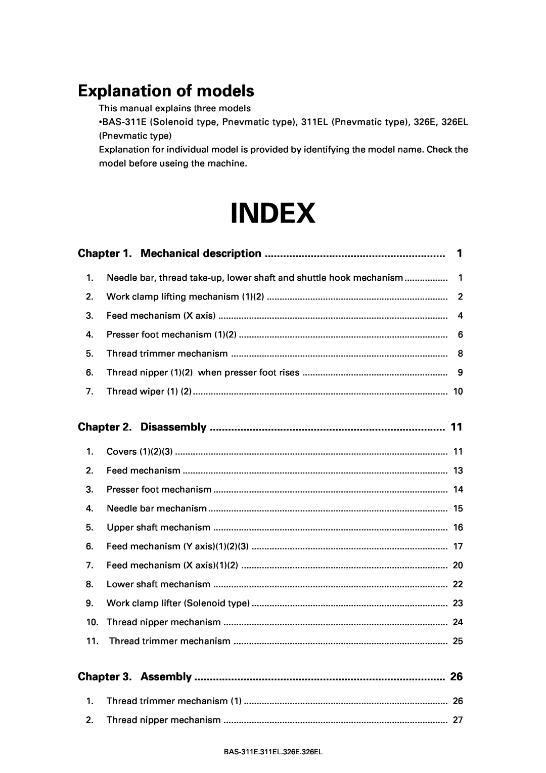 Brother BAS-311E service manual Explanation of models, Index 