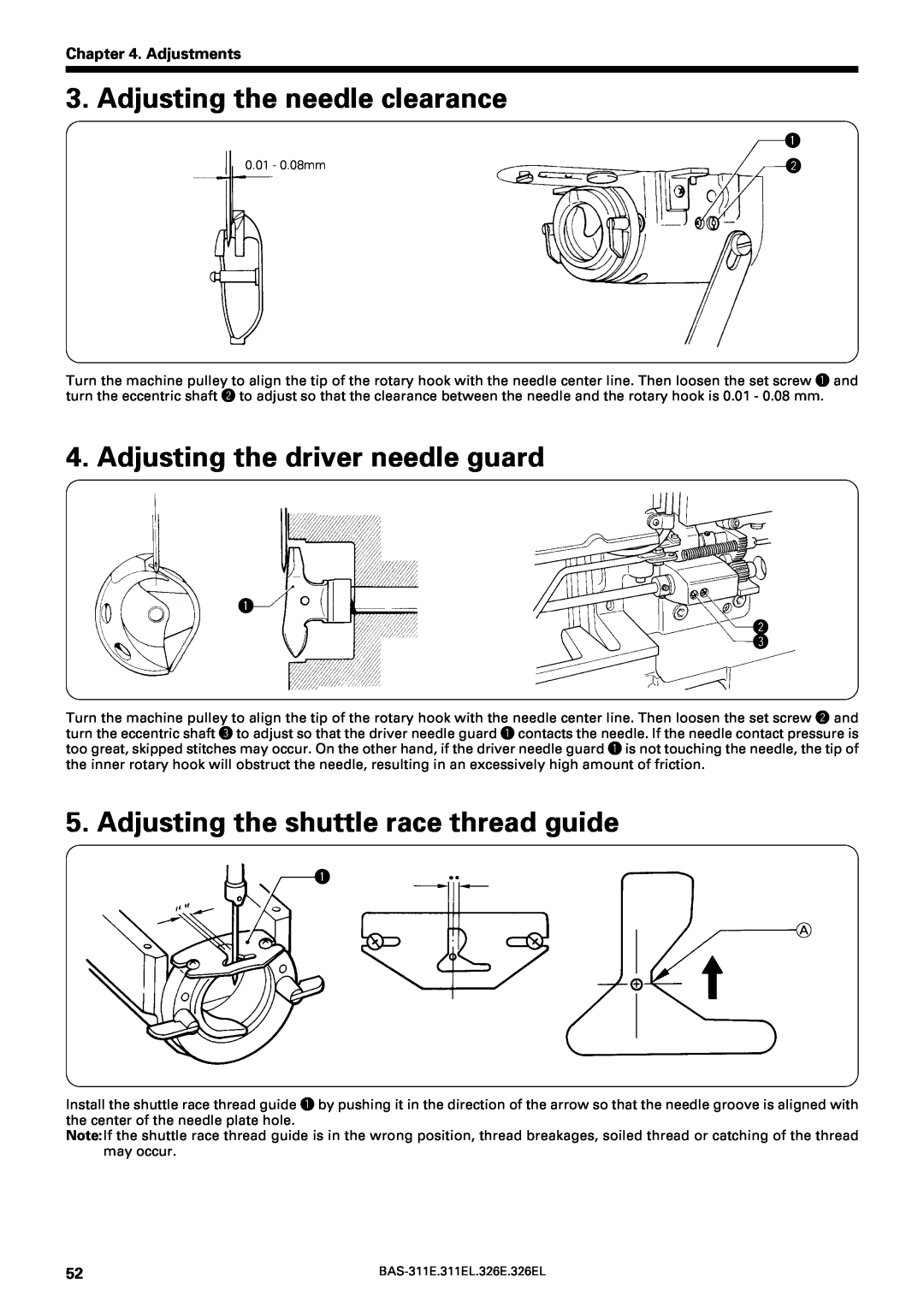 Brother BAS-311E service manual Adjusting the needle clearance, Adjusting the driver needle guard, Adjustments, q w e 