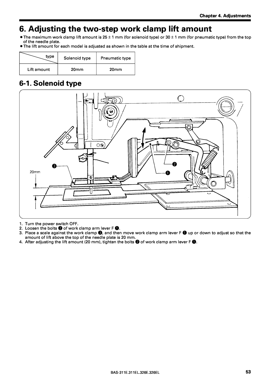 Brother BAS-311E service manual Adjusting the two-step work clamp lift amount, Solenoid type, Adjustments 