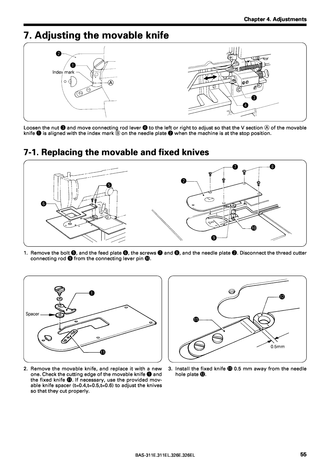 Brother BAS-311E service manual Adjusting the movable knife, Replacing the movable and fixed knives, Adjustments 
