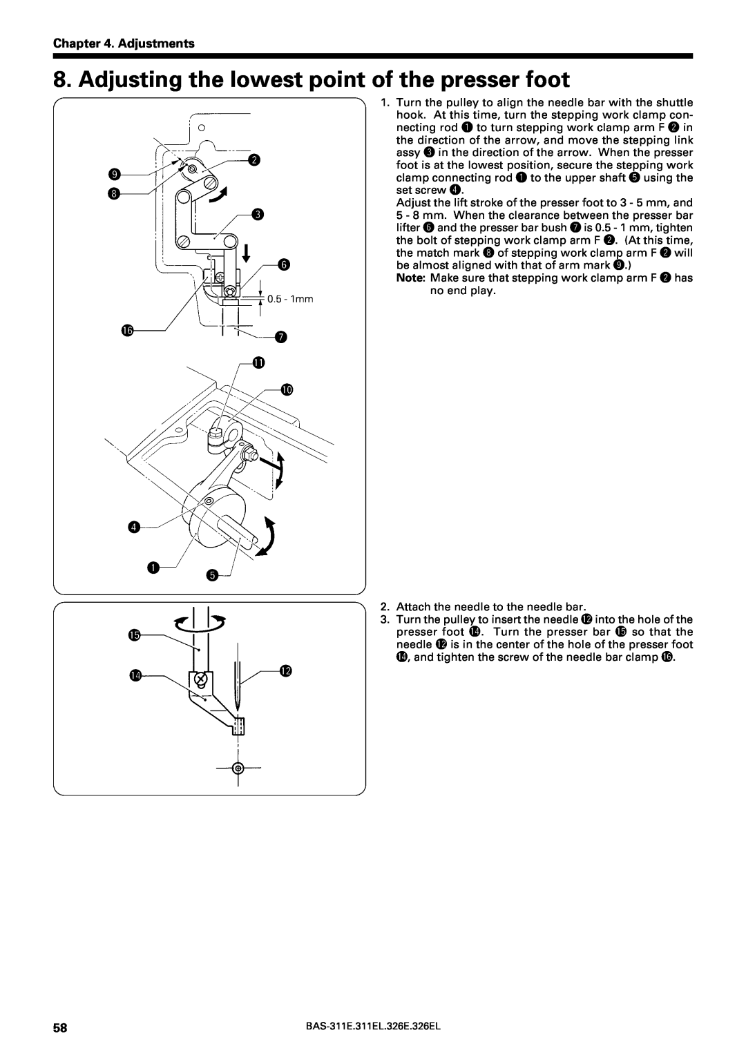 Brother BAS-311E service manual Adjusting the lowest point of the presser foot, Adjustments, w o e y, r q t 