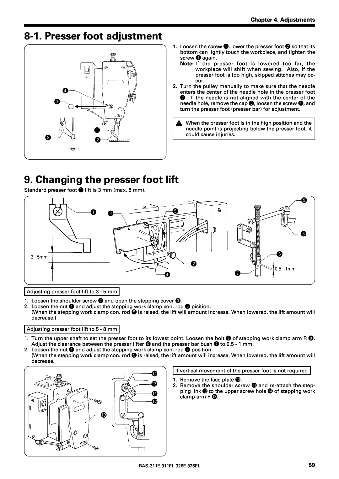 Brother BAS-311E service manual Presser foot adjustment, Changing the presser foot lift, Adjustments, r e q w w, q e 