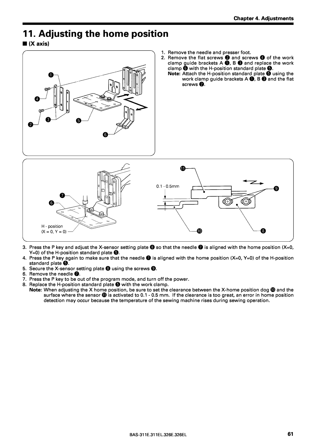 Brother BAS-311E service manual Adjusting the home position, X axis, Adjustments 