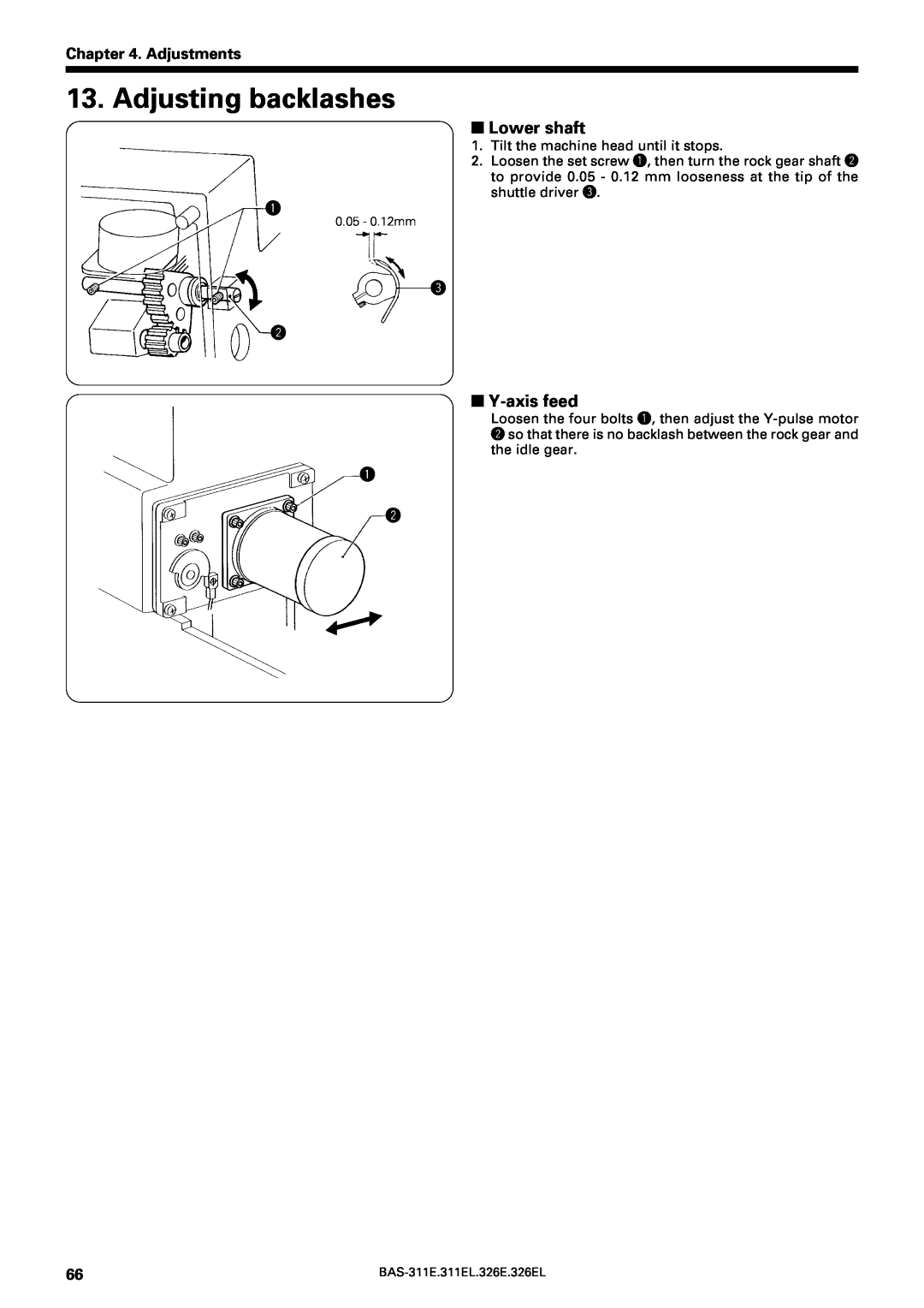 Brother BAS-311E service manual Adjusting backlashes, Lower shaft, Y-axis feed, Adjustments 