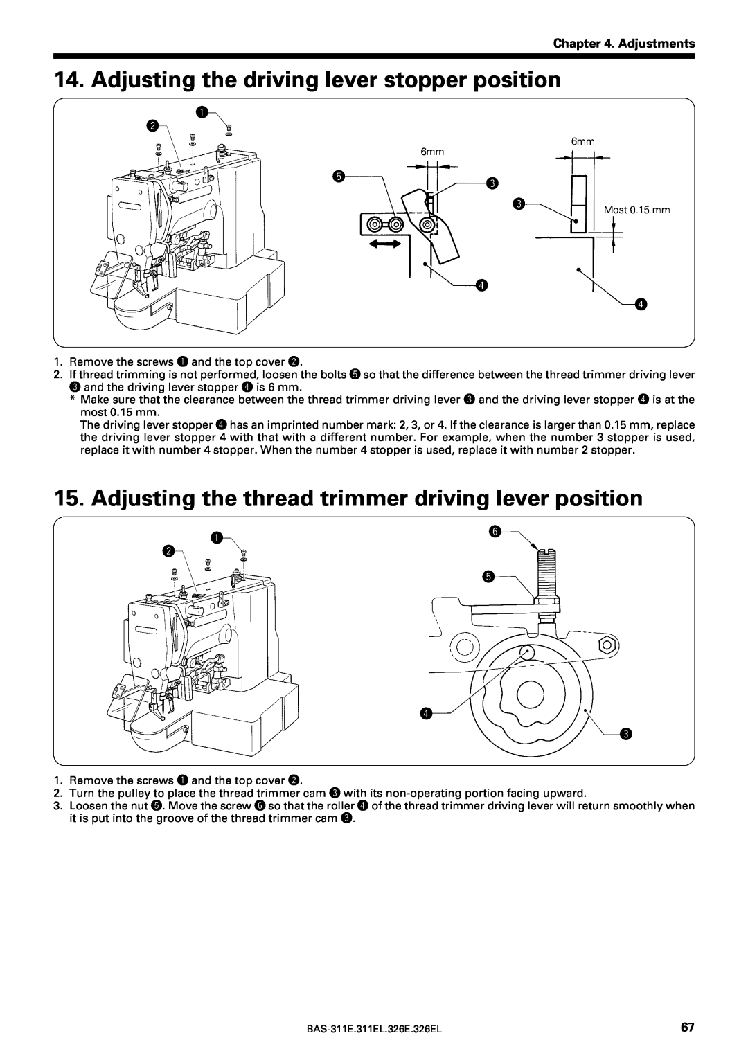 Brother BAS-311E Adjusting the driving lever stopper position, Adjusting the thread trimmer driving lever position 