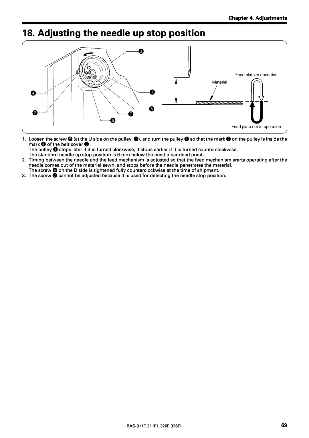 Brother BAS-311E service manual Adjusting the needle up stop position, Adjustments, wu y 