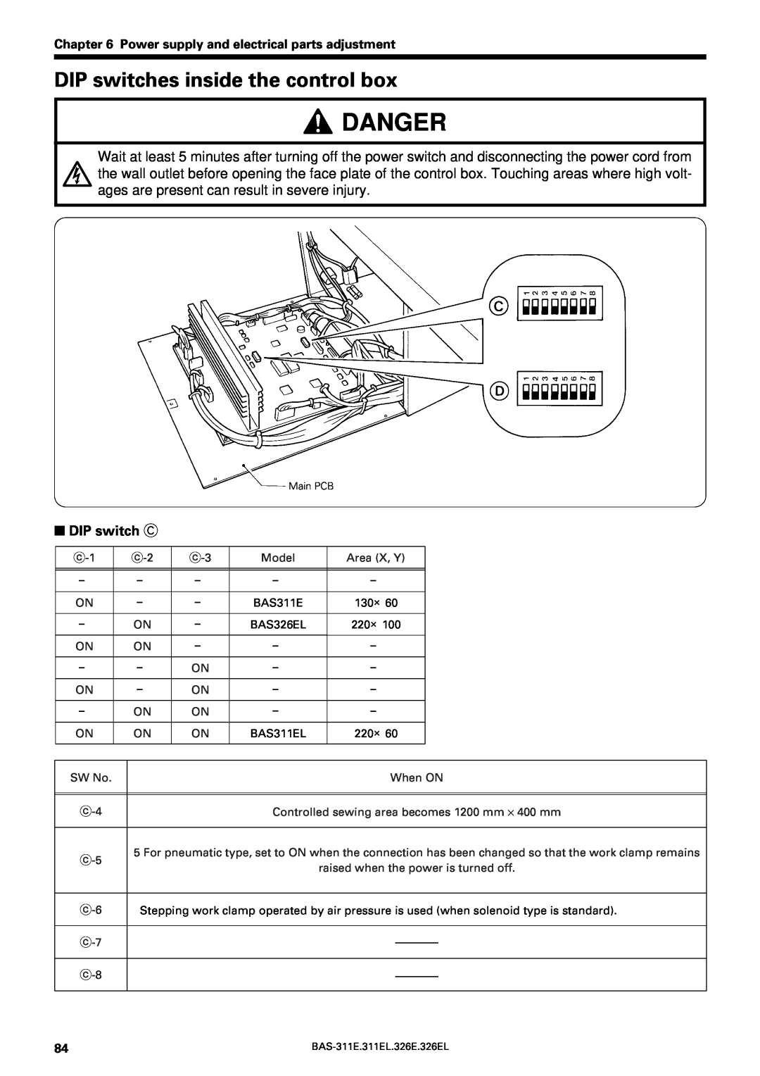 Brother BAS-311E service manual DIP switches inside the control box, Danger, DIP switch C 