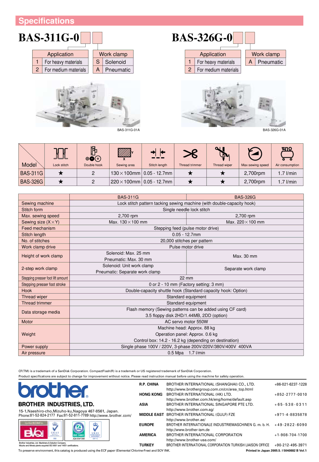 Brother BAS-311G manual BAS-326G-0, Specifications 