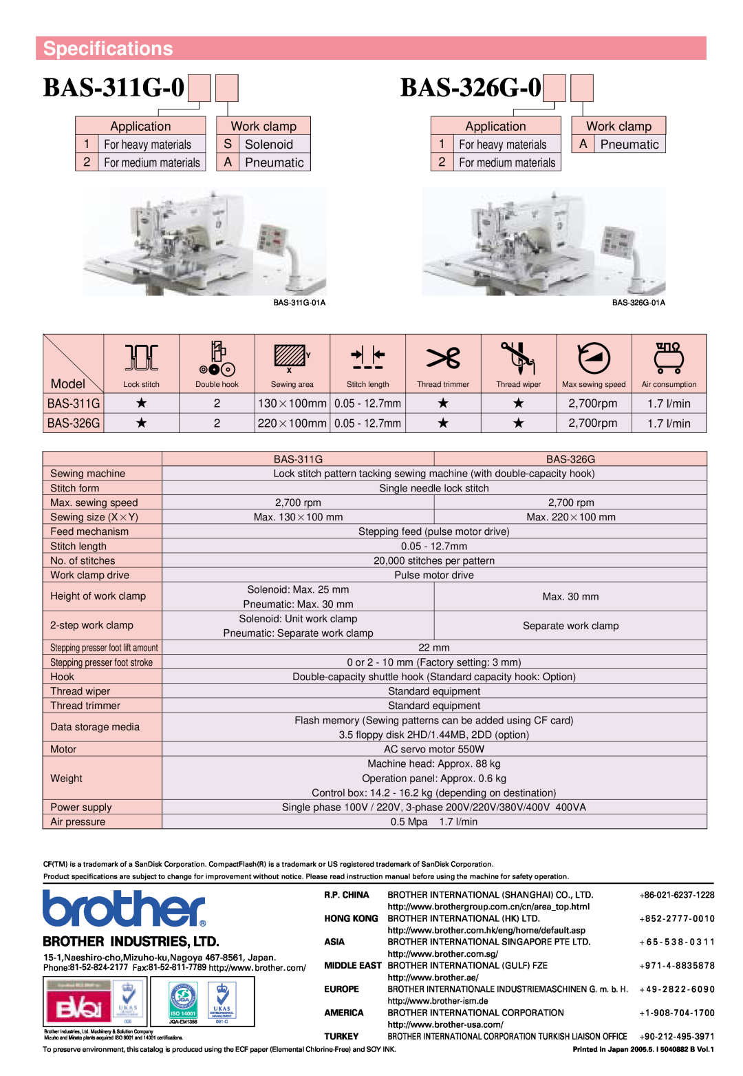 Brother manual Specifications, BAS-311G-0, BAS-326G-0 