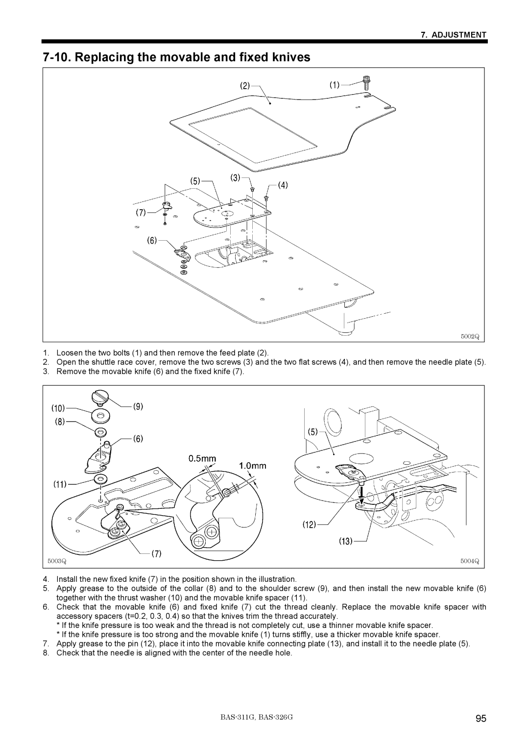 Brother BAS-311G service manual Replacing the movable and fixed knives 