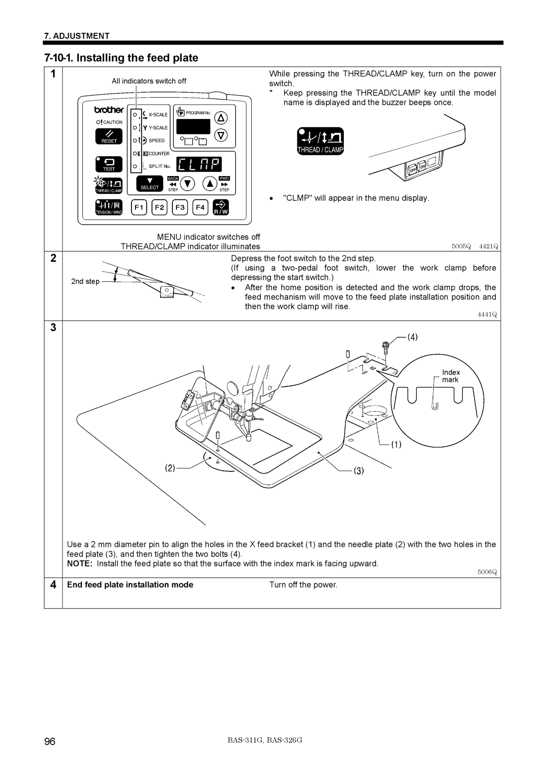 Brother BAS-311G service manual Installing the feed plate, End feed plate installation mode 