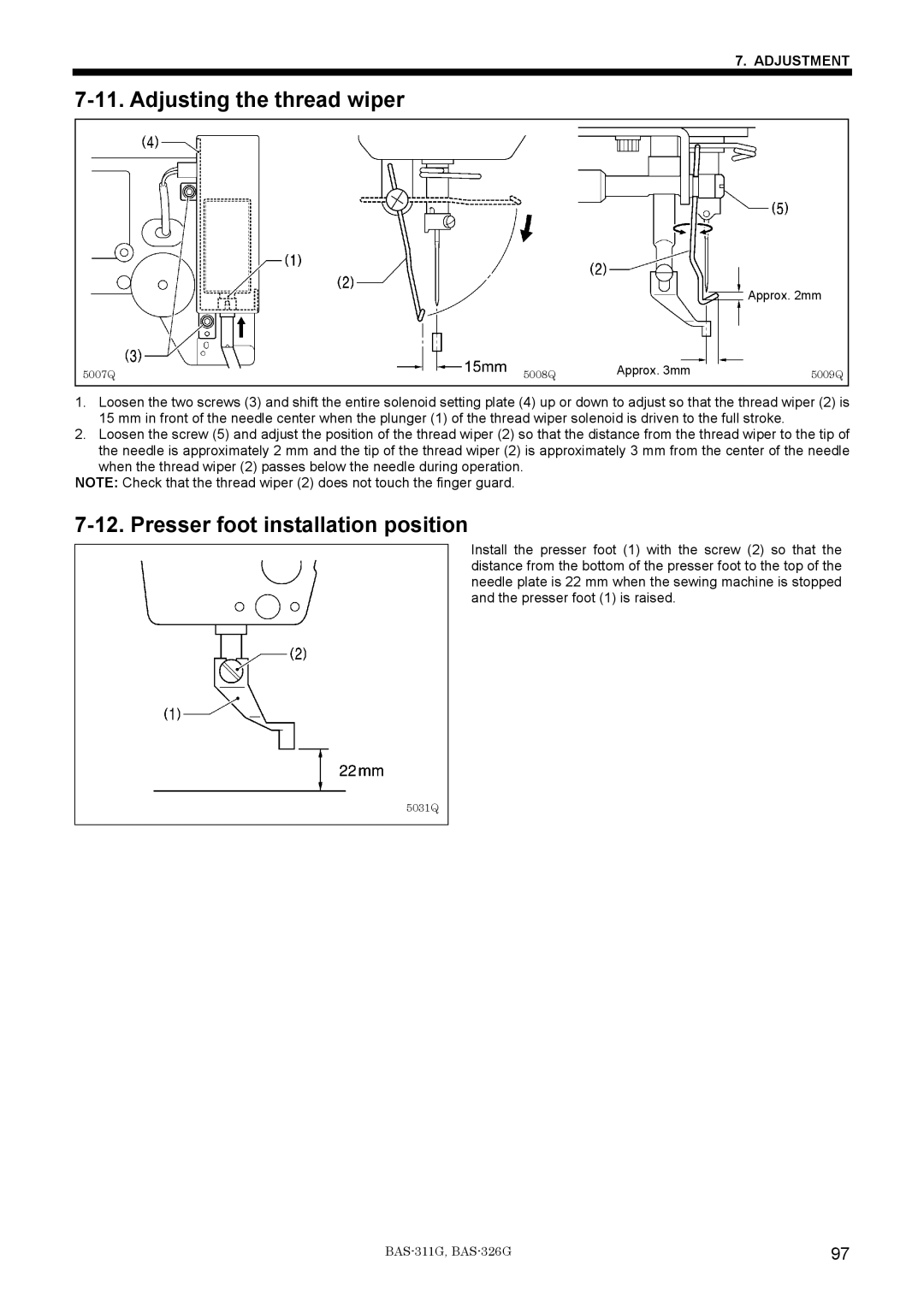 Brother BAS-311G service manual Adjusting the thread wiper, Presser foot installation position 