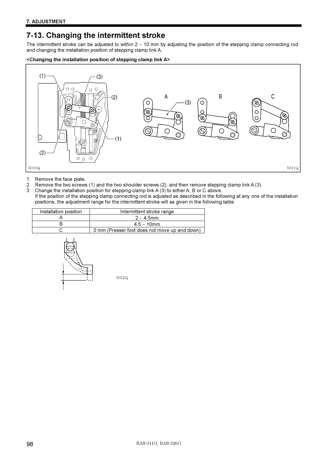 Brother BAS-311G Changing the intermittent stroke, Changing the installation position of stepping clamp link a 