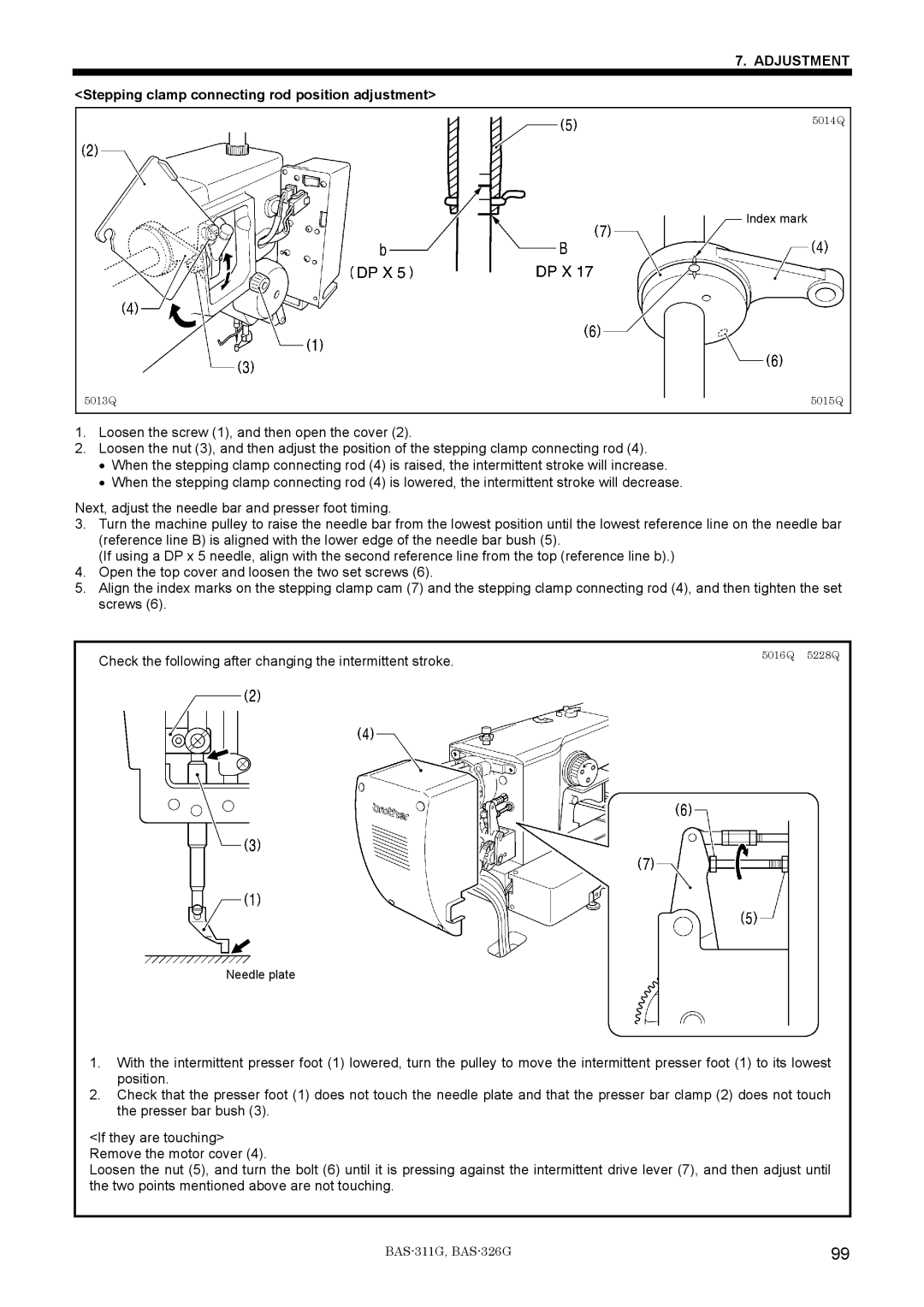 Brother BAS-311G service manual Stepping clamp connecting rod position adjustment 