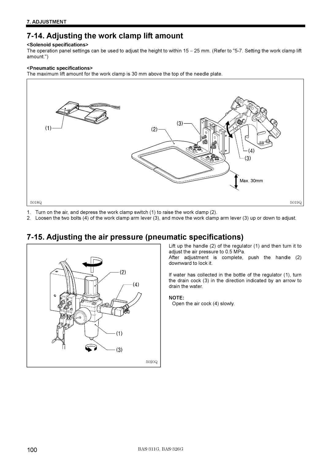 Brother BAS-311G Adjusting the work clamp lift amount, Adjusting the air pressure pneumatic specifications, 100 