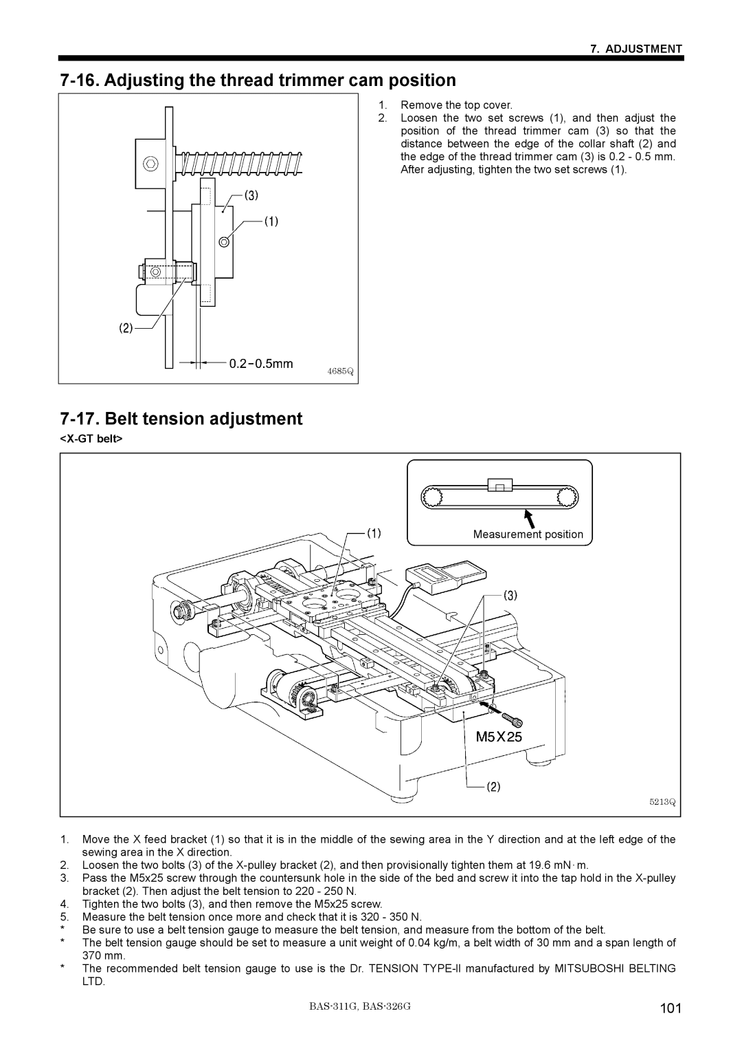 Brother BAS-311G service manual Adjusting the thread trimmer cam position, Belt tension adjustment, 101, GT belt 