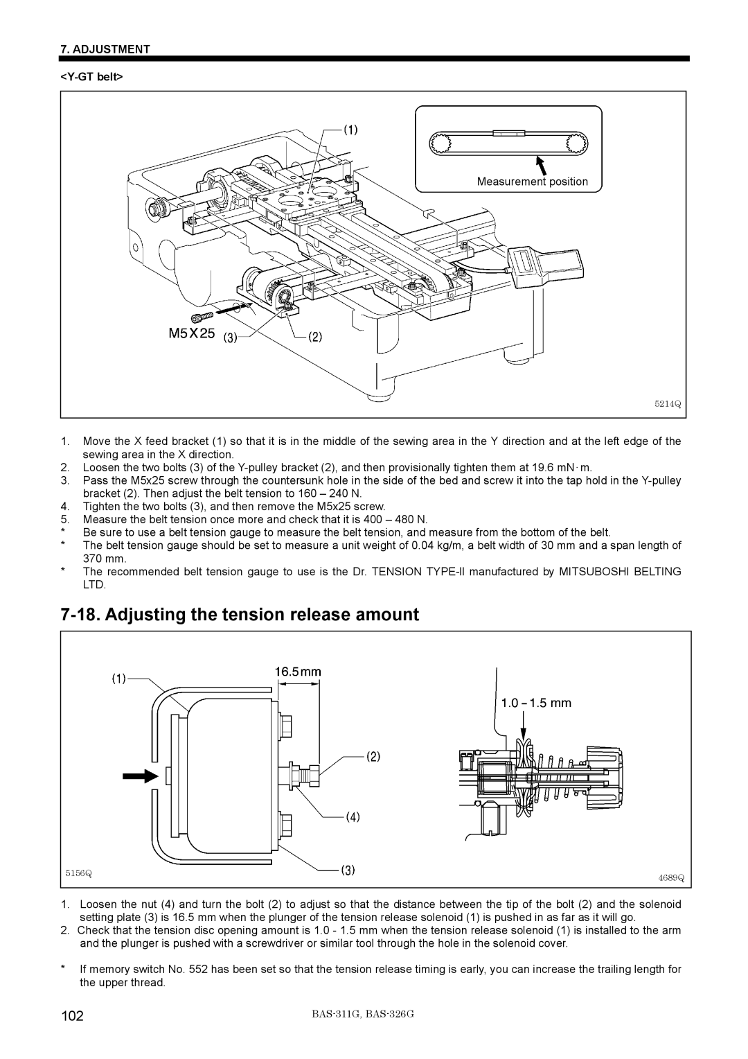 Brother BAS-311G service manual Adjusting the tension release amount, 102, Adjustment Y-GT belt 