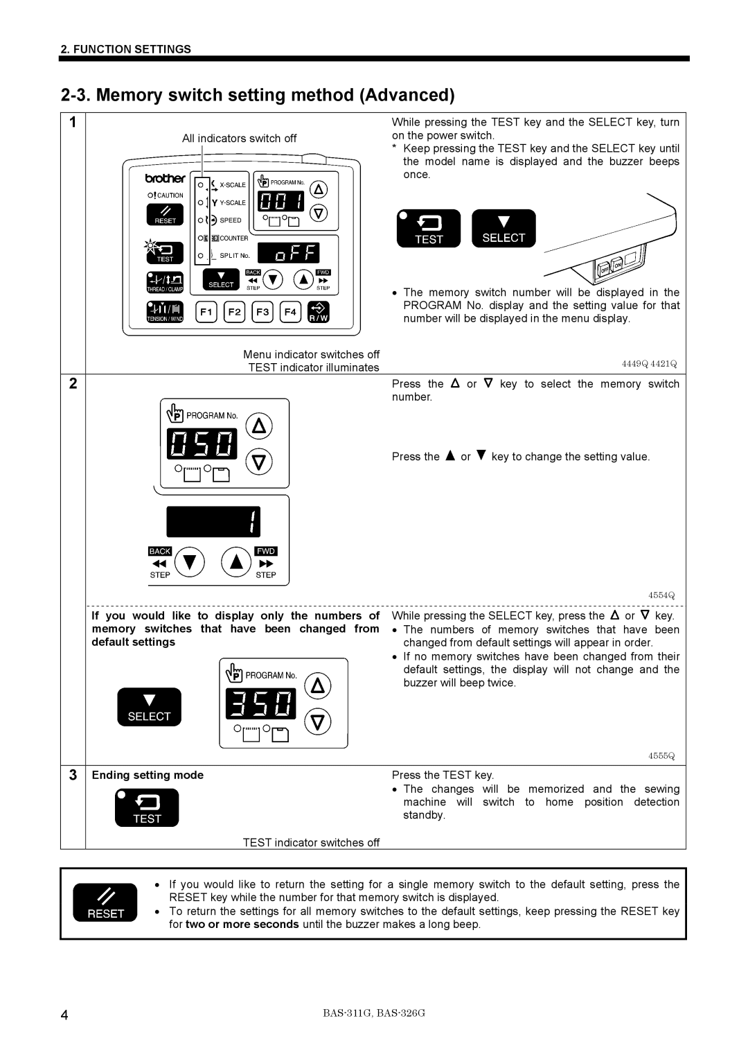 Brother BAS-311G Memory switch setting method Advanced, If you would like to display only the numbers, Default settings 