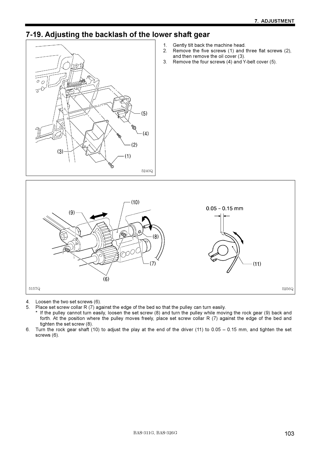 Brother BAS-311G service manual Adjusting the backlash of the lower shaft gear, 103 