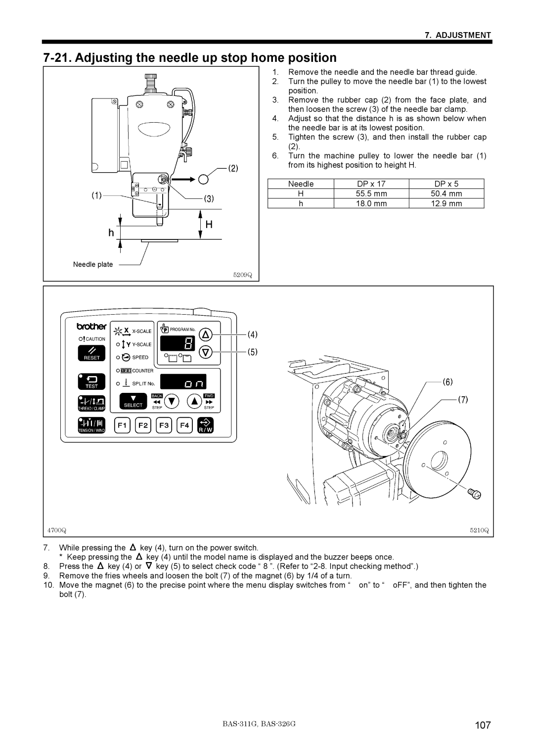 Brother BAS-311G service manual Adjusting the needle up stop home position, 107 