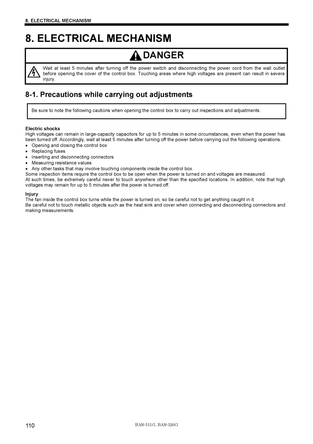 Brother BAS-311G service manual Precautions while carrying out adjustments, 110, Electric shocks, Injury 