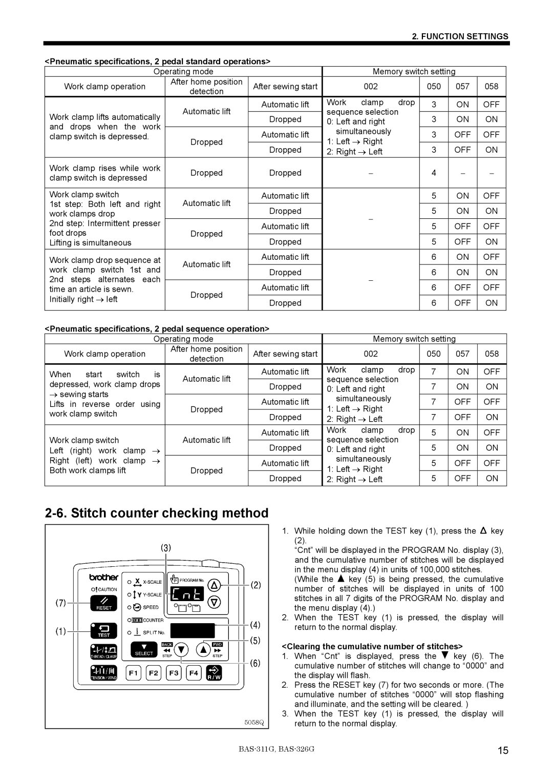 Brother BAS-311G service manual Stitch counter checking method, Pneumatic specifications, 2 pedal standard operations 