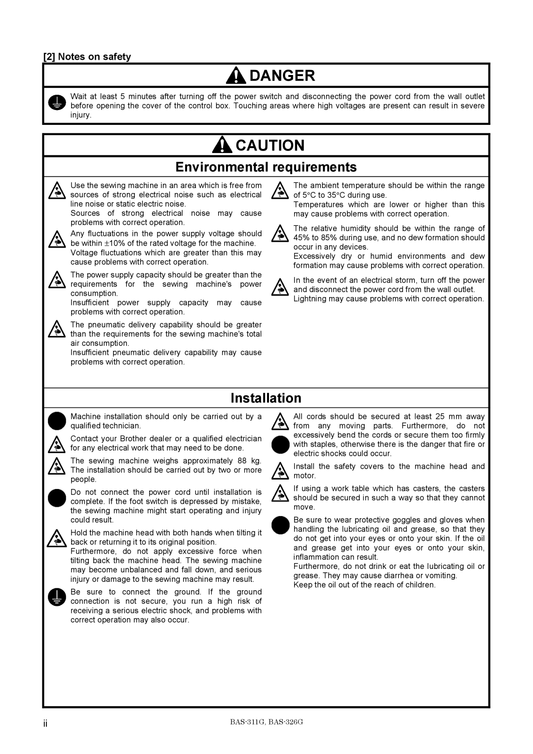 Brother BAS-311G service manual Environmental requirements 