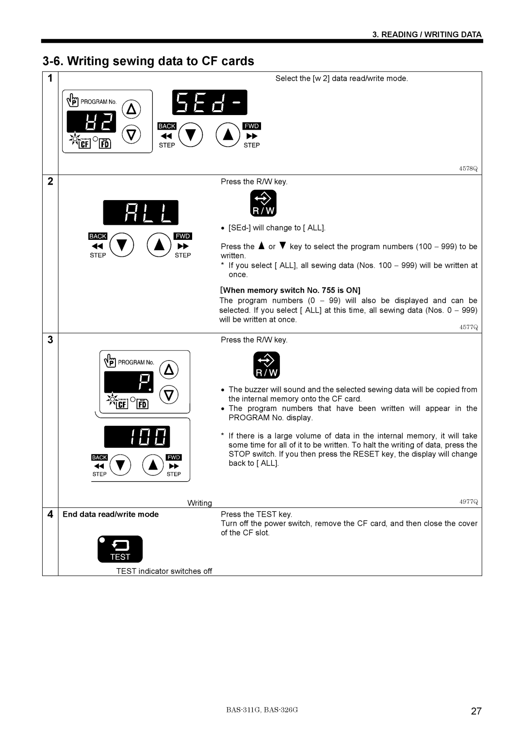 Brother BAS-311G service manual Writing sewing data to CF cards, Select the w 2 data read/write mode 