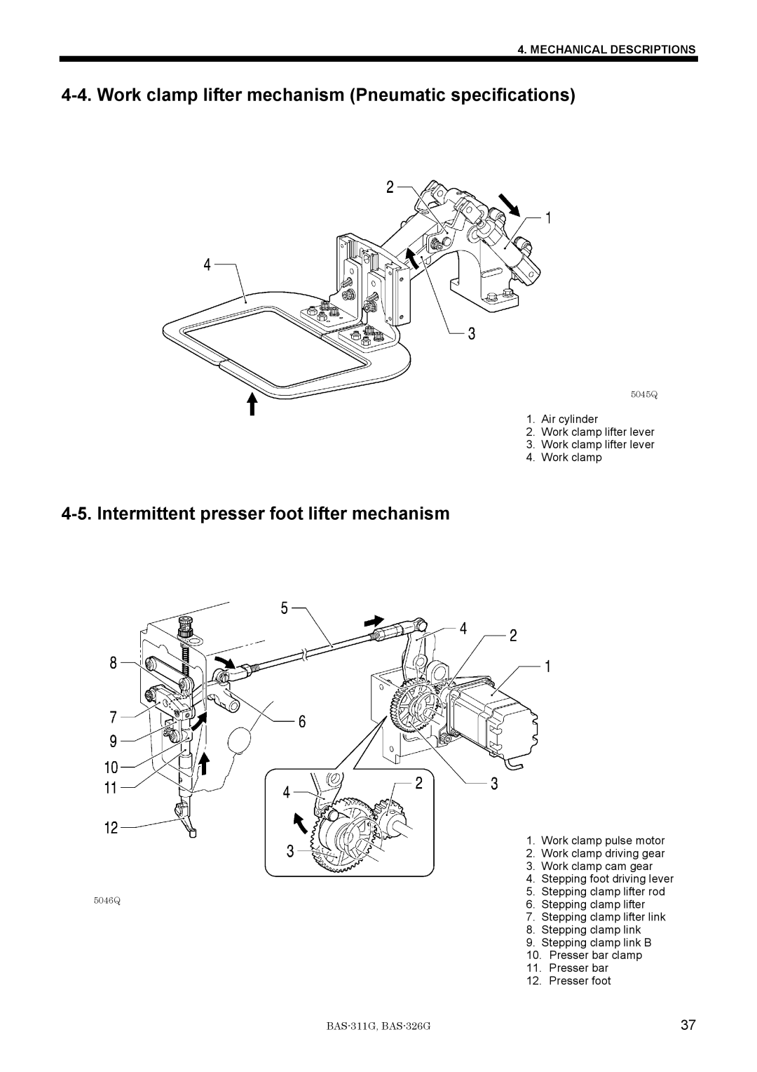 Brother BAS-311G Work clamp lifter mechanism Pneumatic specifications, Intermittent presser foot lifter mechanism 