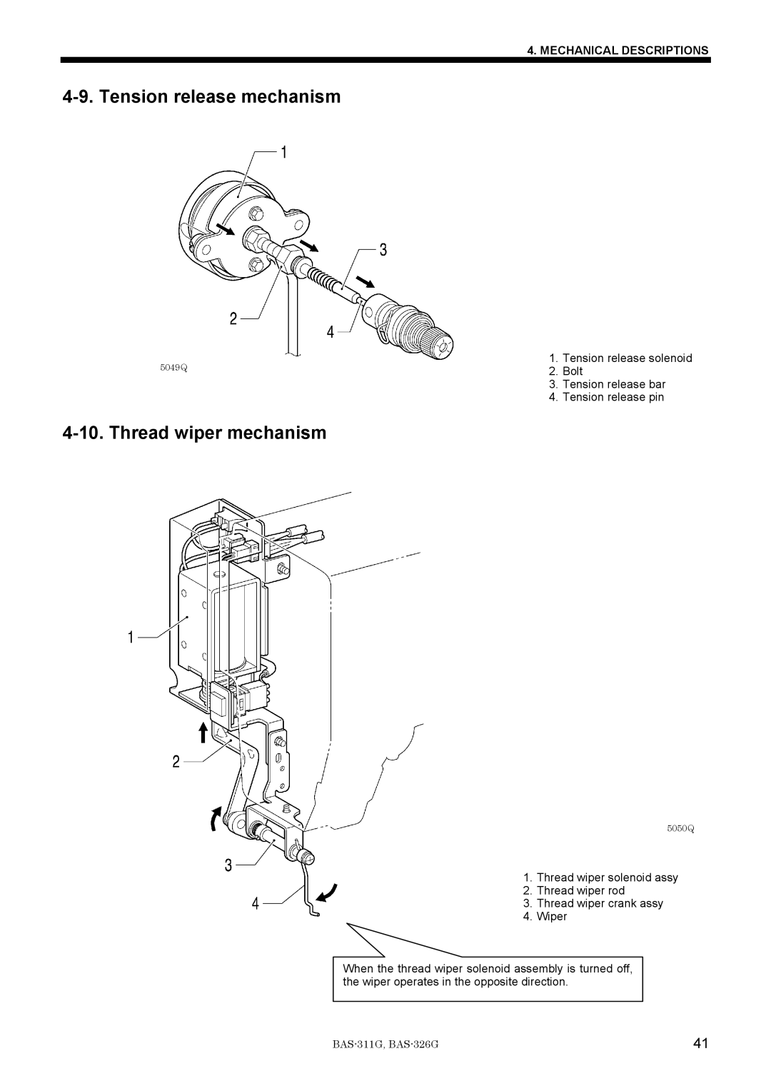 Brother BAS-311G service manual Tension release mechanism, Thread wiper mechanism 