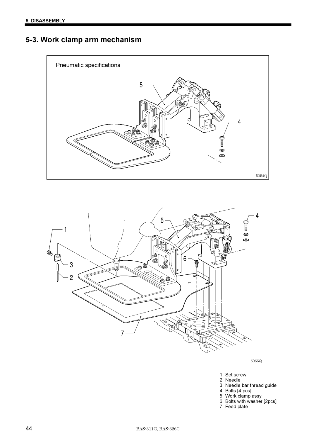 Brother BAS-311G service manual Work clamp arm mechanism, Pneumatic specifications 