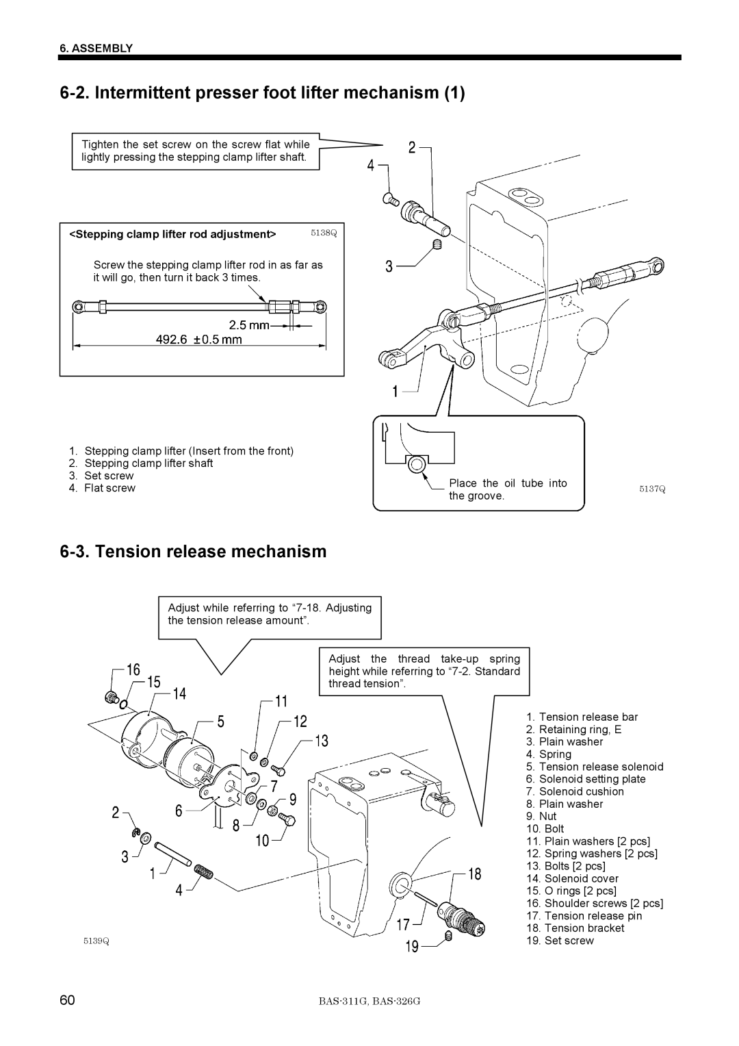 Brother BAS-311G service manual Intermittent presser foot lifter mechanism, Stepping clamp lifter rod adjustment 