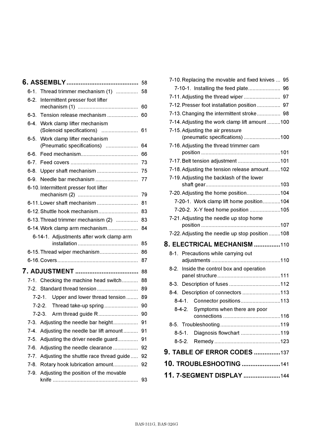 Brother BAS-311G service manual Table of Error Codes 