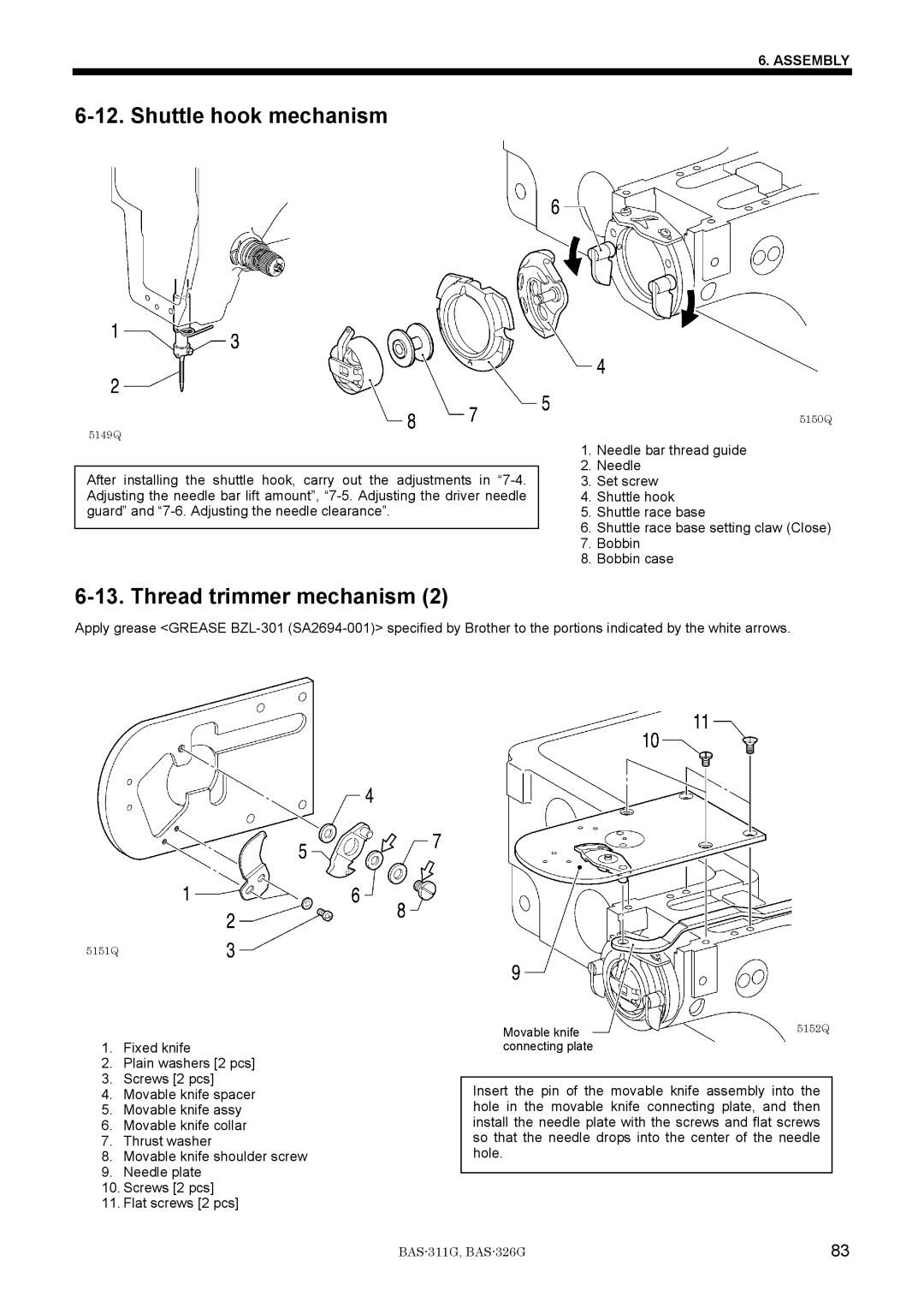 Brother BAS-311G service manual Movable knife 