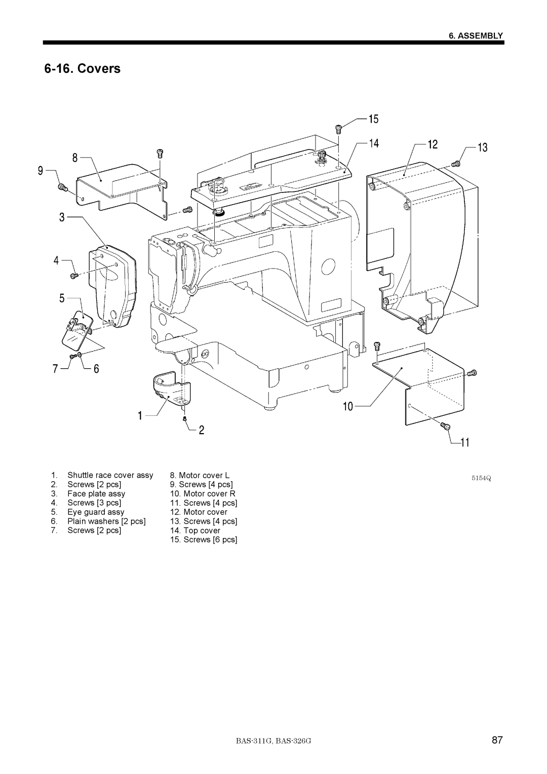 Brother BAS-311G service manual Shuttle race cover assy Motor cover L 