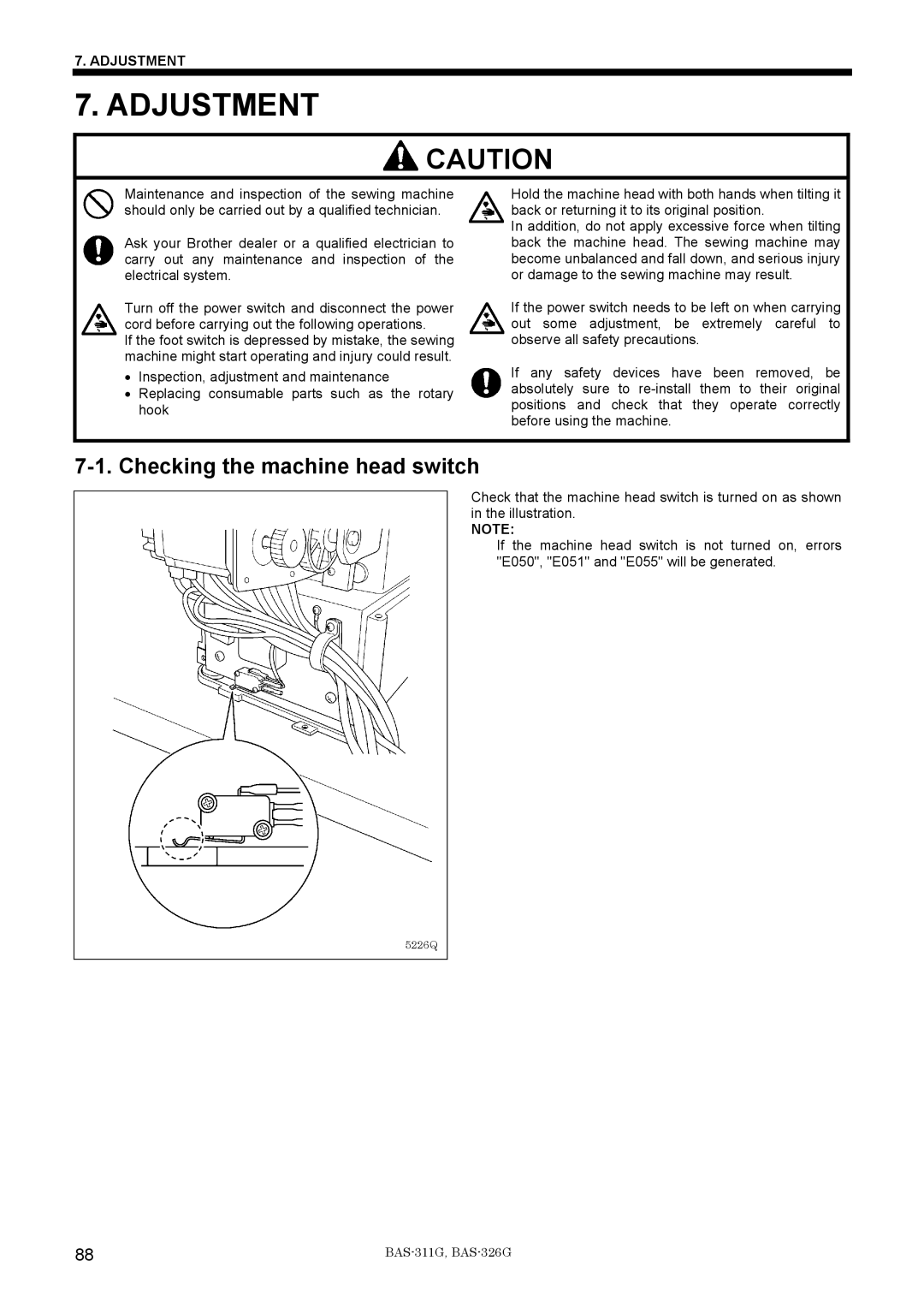 Brother BAS-311G service manual Adjustment, Checking the machine head switch 