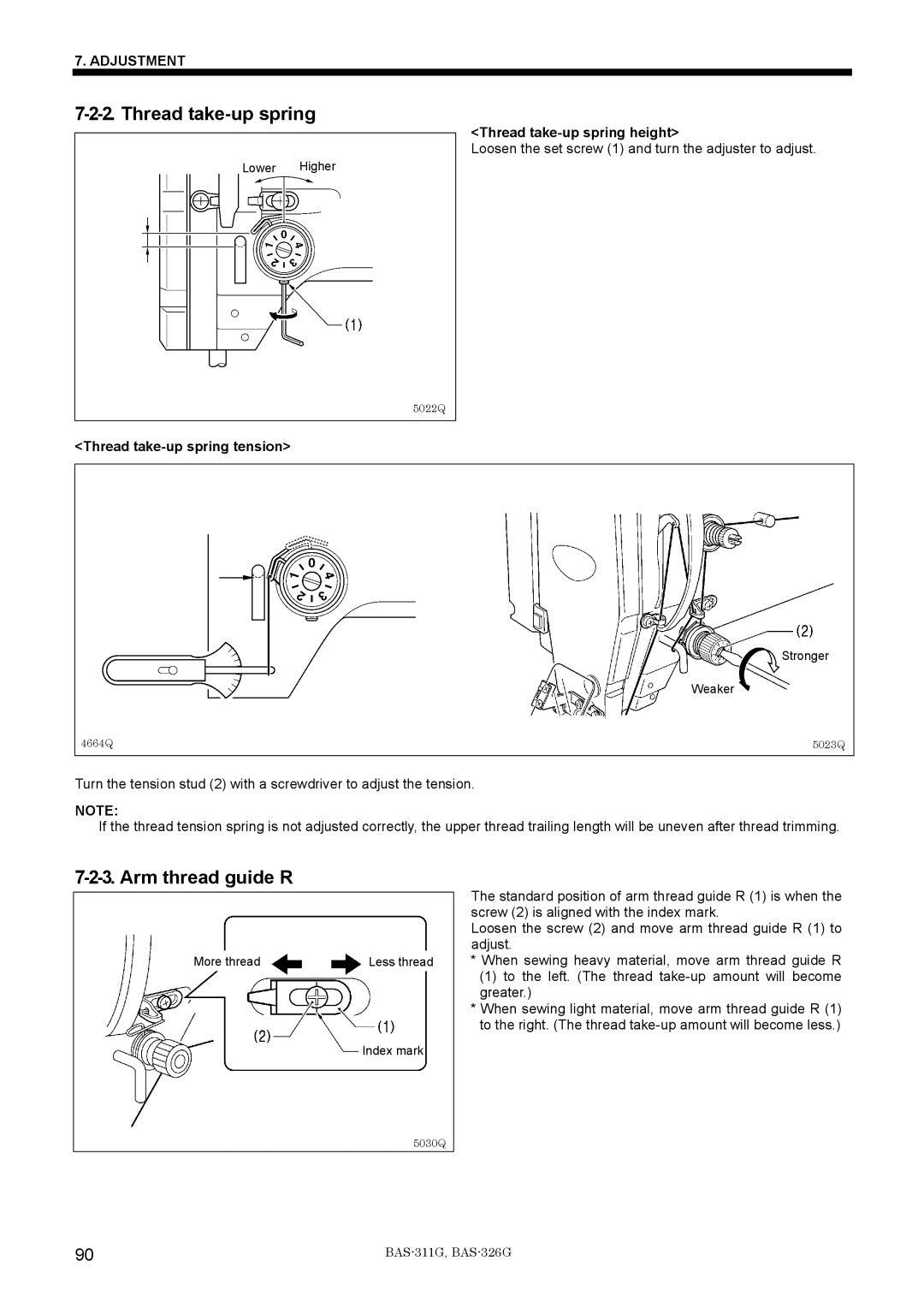 Brother BAS-311G service manual Thread take-up spring height, Thread take-up spring tension 