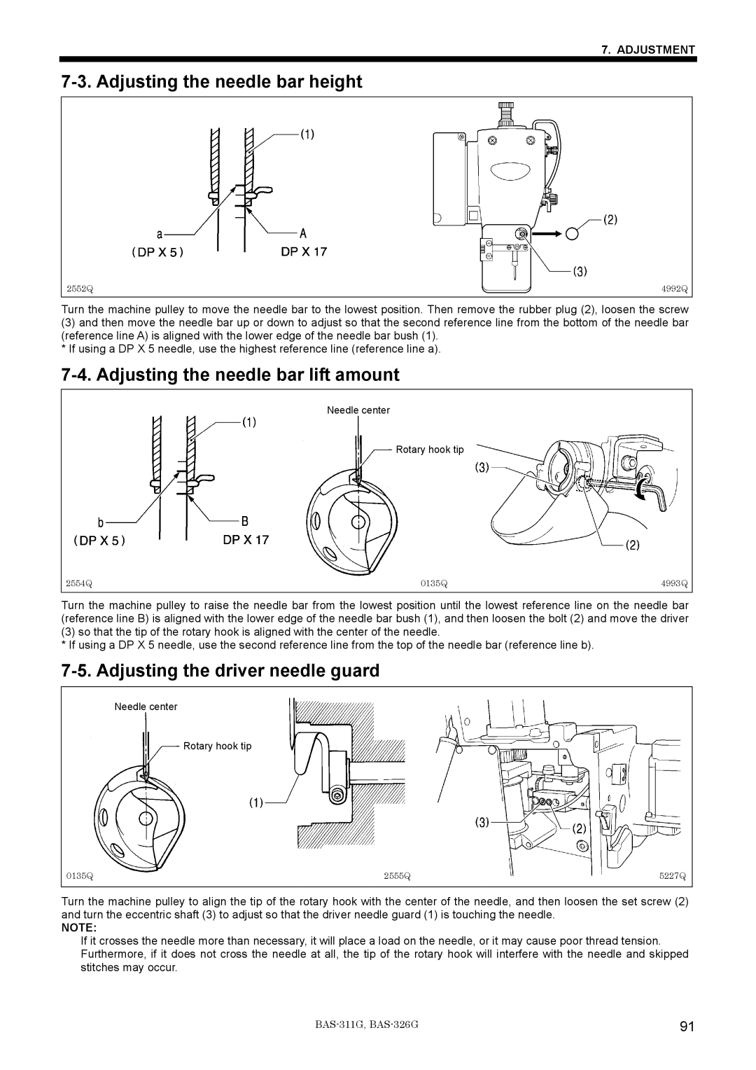 Brother BAS-311G Adjusting the needle bar height, Adjusting the needle bar lift amount, Adjusting the driver needle guard 