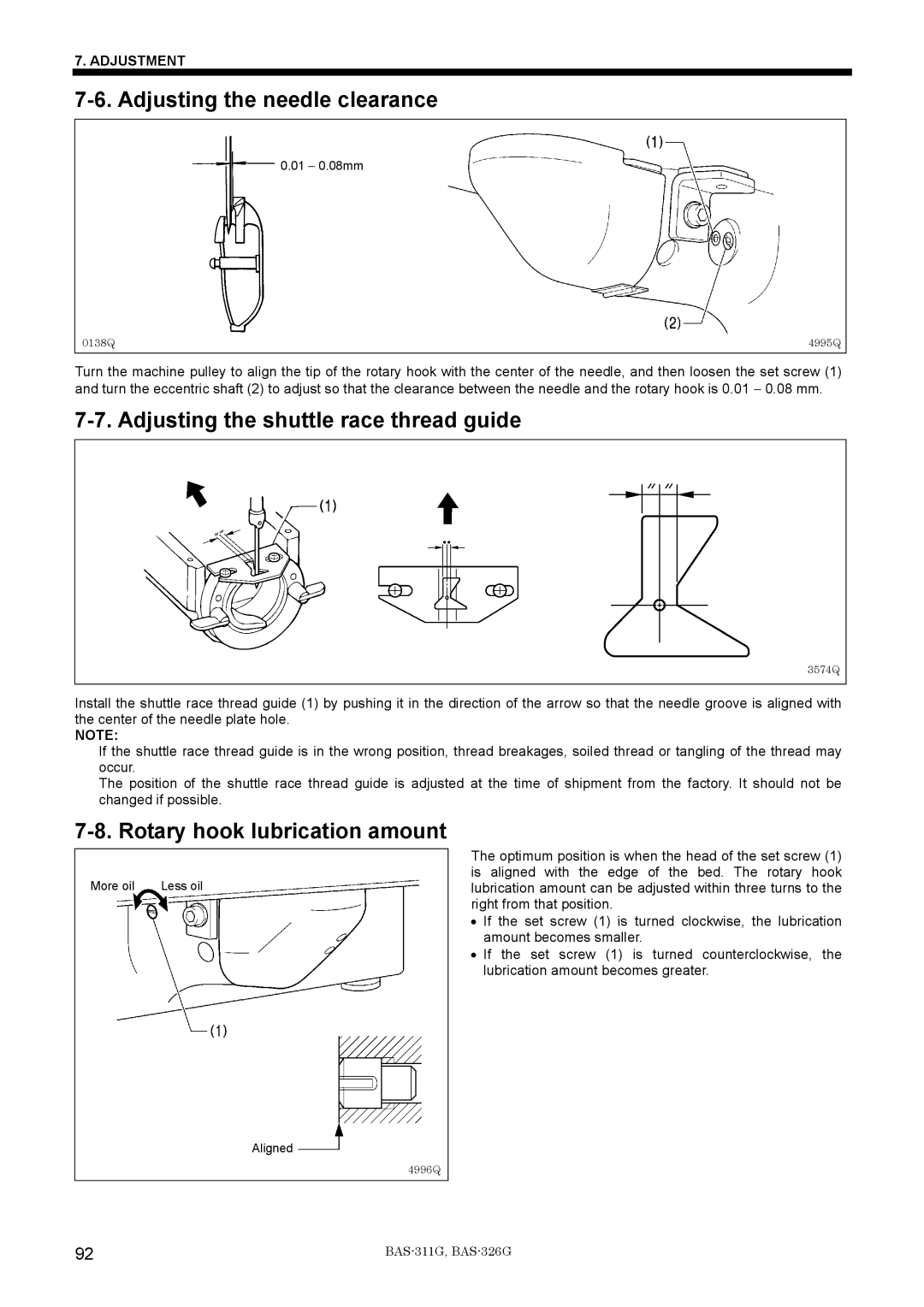 Brother BAS-311G Adjusting the needle clearance, Adjusting the shuttle race thread guide, Rotary hook lubrication amount 