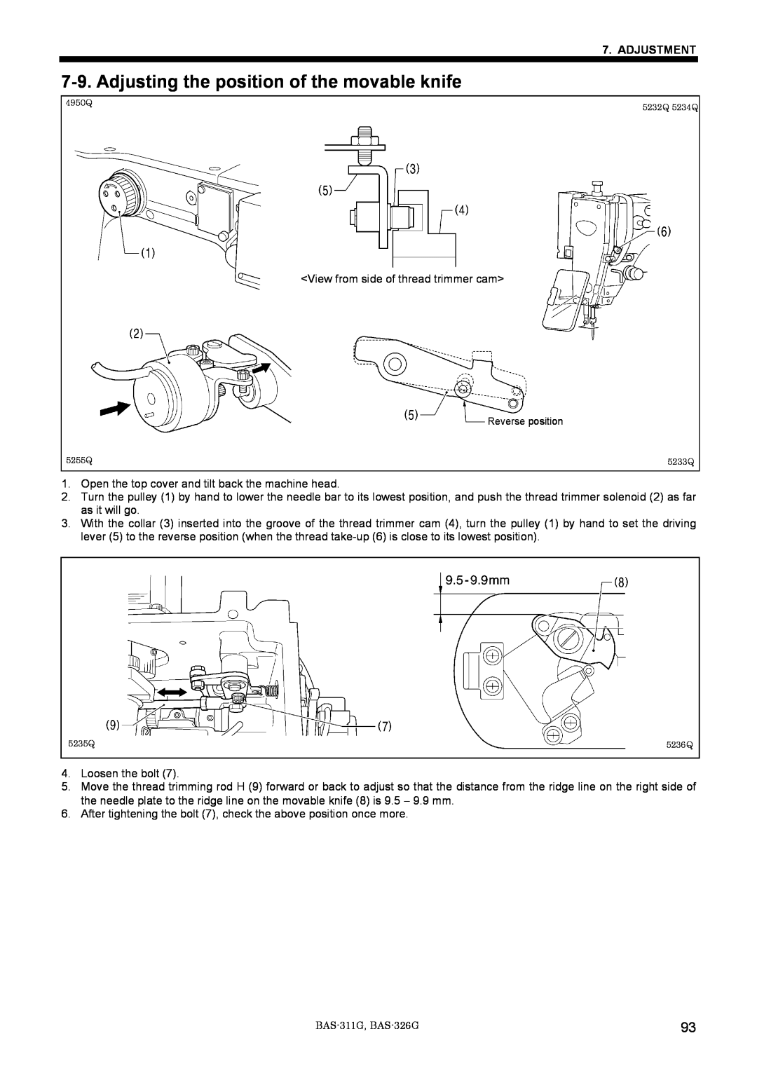 Brother BAS-311G service manual Adjusting the position of the movable knife, Adjustment 