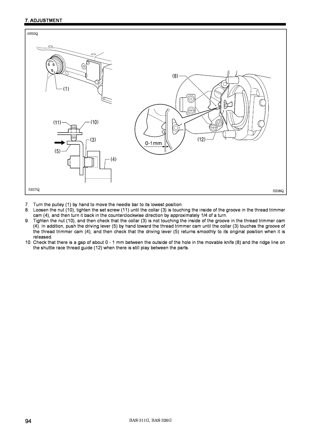 Brother BAS-311G service manual Adjustment, Turn the pulley 1 by hand to move the needle bar to its lowest position 