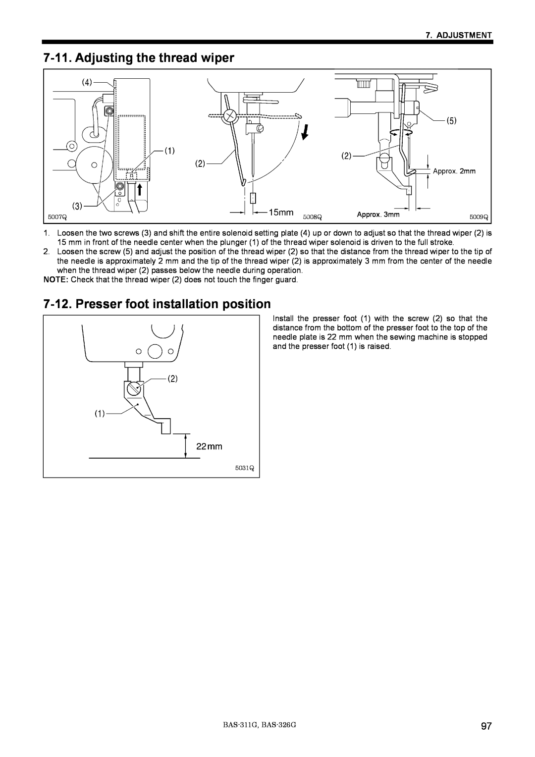 Brother BAS-311G service manual Adjusting the thread wiper, Presser foot installation position, Adjustment 