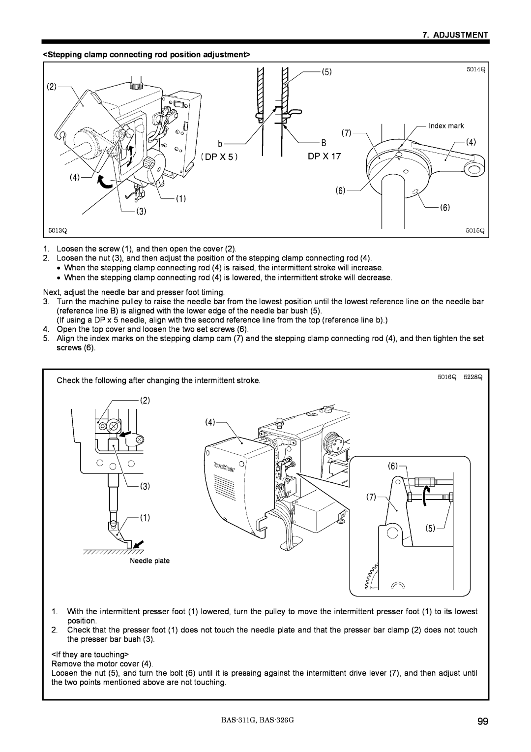 Brother BAS-311G service manual ADJUSTMENT Stepping clamp connecting rod position adjustment 